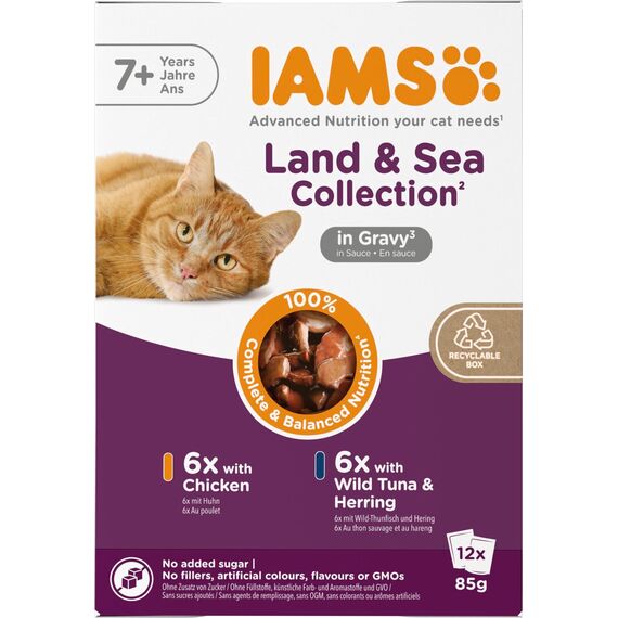 IAMS Delights Senior Katzenfutter Nass - Multipack mit Huhn und Fisch in Sauce, hochwertiges Nassfutter für ältere Katzen ab 7 Jahre, 12 x 85 g