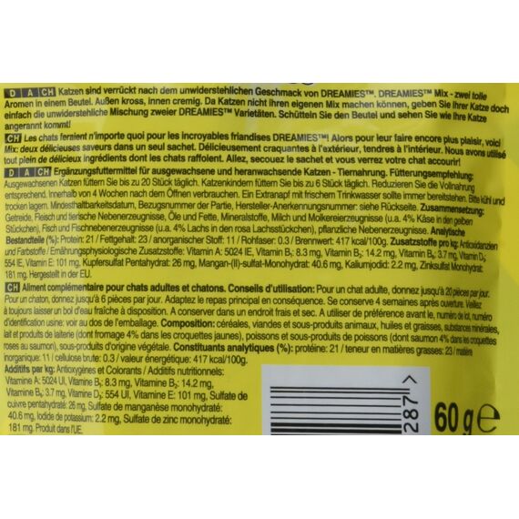 Dreamies Mix Katzensnacks mit Lachs & Käse – Außen knusprig & innen cremig – 6 x 60g (Packung mit 2)
