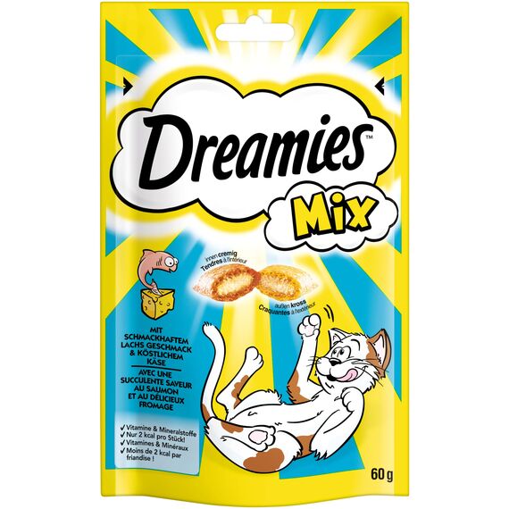 Dreamies Mix Katzensnacks mit Lachs & Käse – Außen knusprig & innen cremig – 6 x 60g