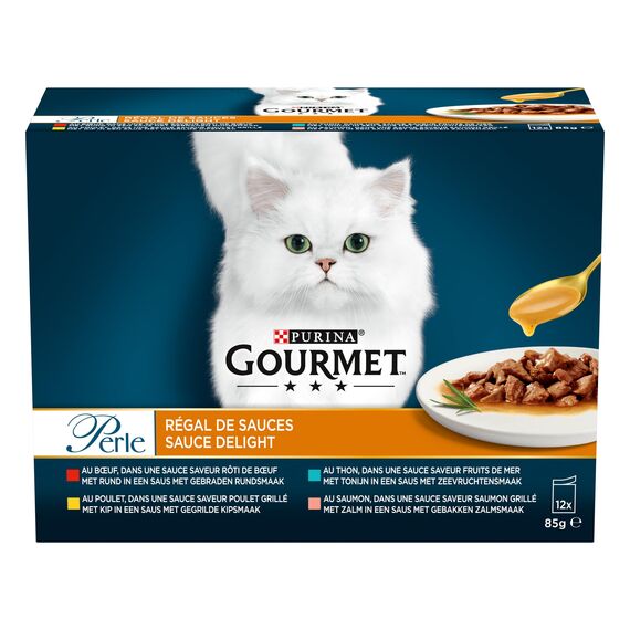Gourmet Perle | Saucen Regal | Erwachsene Katze | Rind, Huhn, Thunfisch, Lachs | 12 x 85 g | Frischebeutel (Verpackung kann variieren)