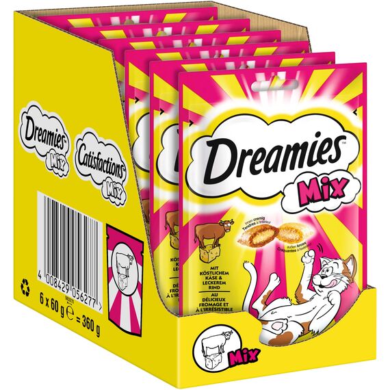 Dreamies Mix Katzensnacks mit Rind & Käse – Außen knusprig & innen cremig – 6 x 60g