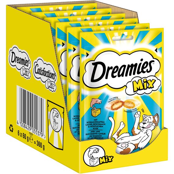 Dreamies Mix Katzensnacks mit Lachs & Käse – Außen knusprig & innen cremig – 6 x 60g