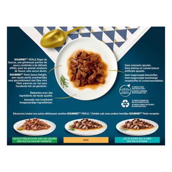 Gourmet Perle | Saucen Regal | Erwachsene Katze | Rind, Huhn, Thunfisch, Lachs | 12 x 85 g | Frischebeutel (Verpackung kann variieren)