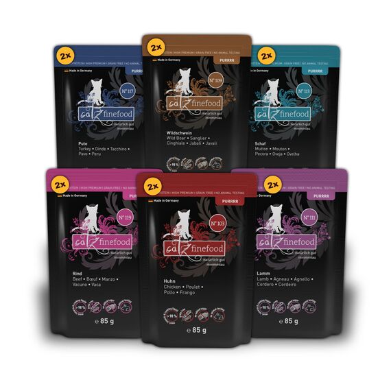 catz finefood Purrrr Collection I - Monoprotein Katzenfutter nass - getreidefrei, zuckerfrei, hypoallergen - hoher Fleischanteil - Multipack Nassfutter für Katzen - im Beutel, 85 g (12er Pack)