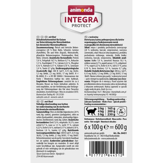 animonda INTEGRA PROTECT Katzenfutter nass Renal (Nieren) Rind (6 x 100g), vom Tierarzt empfohlen bei Niereninsuffizienz, mit Veterinären entwickeltes Diätalleinfutter für erwachsene Katzen