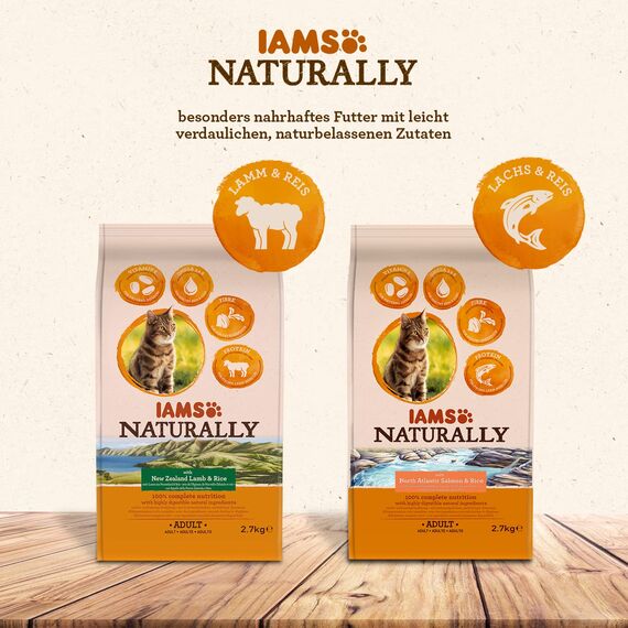 IAMS Naturally Katzenfutter trocken mit Lamm und Reis - komplettes und ausgewogenes Trockenfutter mit natürlichen Inhaltsstoffen, 2,7 kg