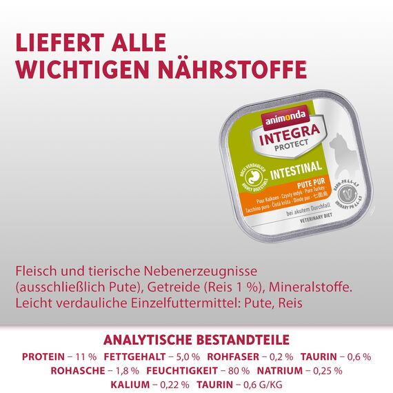 animonda INTEGRA PROTECT Intestinal Pute Pur (6 x 100 g), Katzen Diätfutter bei Durchfall & Erbrechen, Katzenfutter mit Pute und Reis, leicht verdauliches Nassfutter für Katzen
