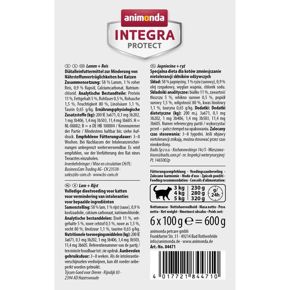 animonda INTEGRA PROTECT Katzenfutter nass Sensitive Lamm und Reis (6 x 100g), vom Tierarzt empfohlen bei Futtermittelallergie, mit Veterinären entwickeltes Diätalleinfutter für Katzen