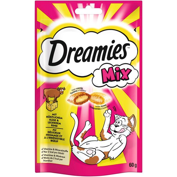 Dreamies Mix Katzensnacks mit Rind & Käse – Außen knusprig & innen cremig – 6 x 60g