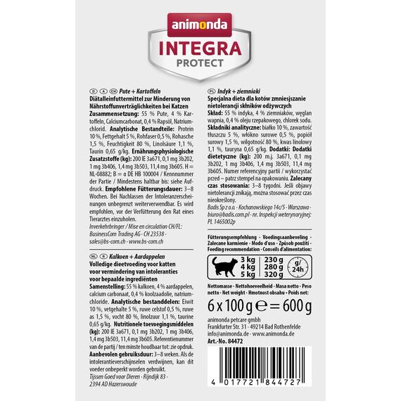 animonda Integra Protect Katze Sensitive, Diät Katzenfutter, Nassfutter bei Futtermittelallergie, mit Pute + Kartoffel, 6 x 100 g (Packung mit 2)