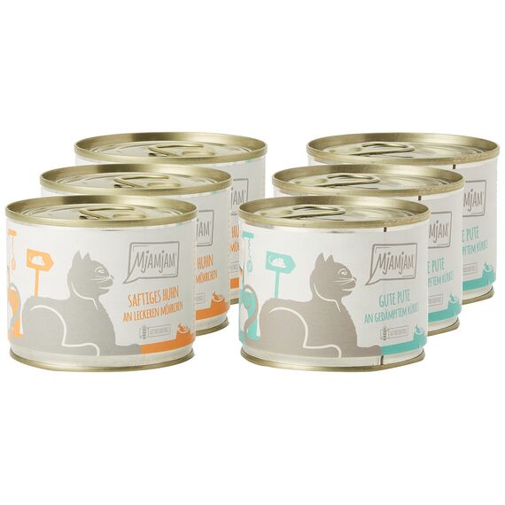 MjAMjAM - Premium Nassfutter für Katzen - Monopaket I - mit Huhn und Pute, 6er Pack (6 x 200 g), getreidefrei mit extra viel Fleisch