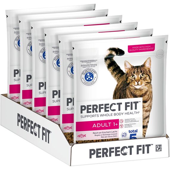 PERFECT FIT Adult Trockenfutter für erwachsene Katzen ab 1 Jahr - Lachs, 750g (6 Beutel)