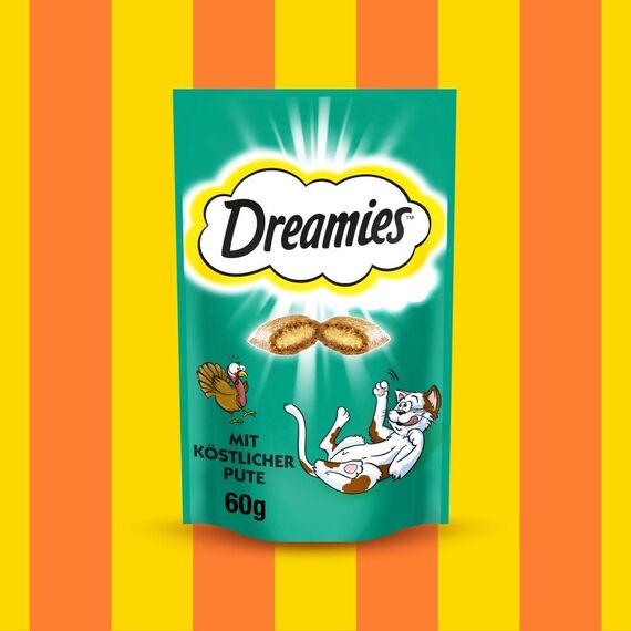 DREAMIES Katzensnacks - 6x60g - mit Pute - Traumhaft knusprige Katzen Leckerlies mit zarter Füllung