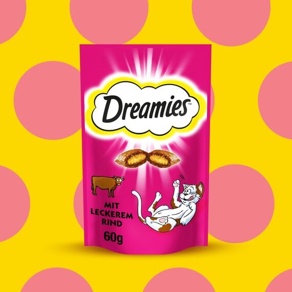 DREAMIES Katzensnacks - 6x60g - mit Rind - Traumhaft knusprige Katzen Leckerlies mit zarter Füllung
