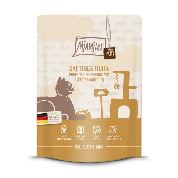 MjAMjAM - Premium Nassfutter für Katzen - Quetschie - Purer Fleischgenuss - saftiges Hühnchen pur, 6er Pack (6 x 300 g), getreidefrei mit extra viel Fleisch