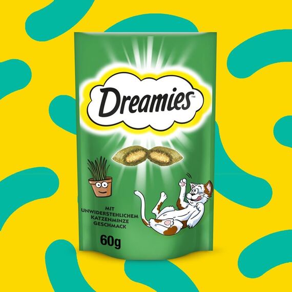 DREAMIES Katzensnacks - 6x60g - mit Katzenminze - Traumhaft knusprige Katzen Leckerlies mit zarter Füllung