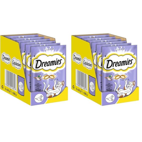 Dreamies Klassiker Katzensnacks mit Ente – Traumhaft knusprige Taschen mit zarter Füllung – 6 x 60g (Packung mit 2)