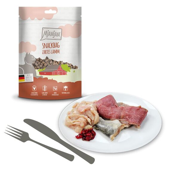 MjAMjAM - Premium Katzensnack - Snackbag – zartes Lamm, 1er Pack (1 x 125 g), naturbelassen ganz ohne synthetische Konservierungsstoffe