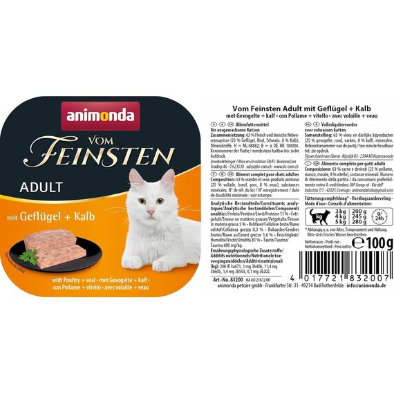 animonda Vom Feinsten Adult mit Geflügel + Kalb (32 x 100 g), Nassfutter für ausgewachsene Katzen, Katzenfutter ohne Getreide und Zucker, mit 100 % frischen, fleischlichen Zutaten