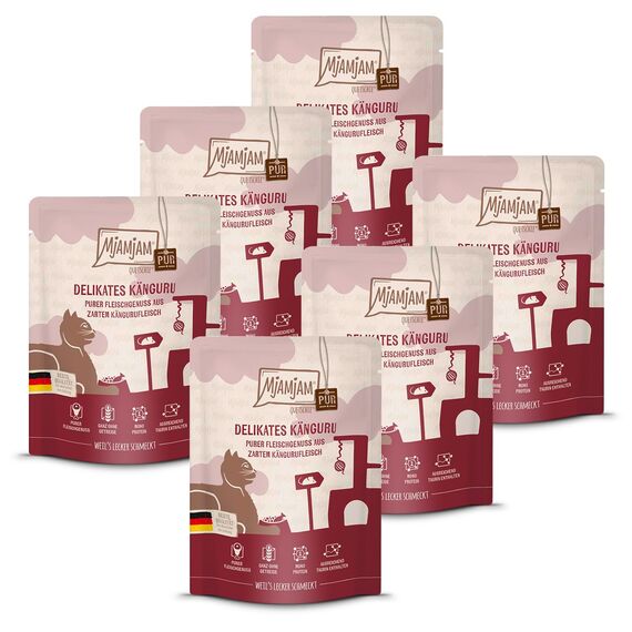 MjAMjAM - Premium Nassfutter für Katzen - Quetschie - purer Fleischgenuss - delikates Känguru pur, 6er Pack (6 x 300 g), getreidefrei mit extra viel Fleisch