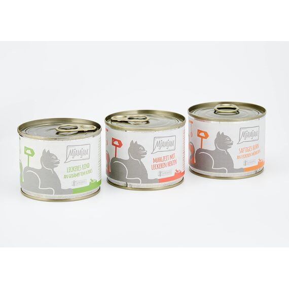 MjAMjAM - Premium Nassfutter für Katzen - Mixpaket I - Huhn, Rind, Herzen, 6er Pack (6 x 200 g), getreidefrei mit extra viel Fleisch