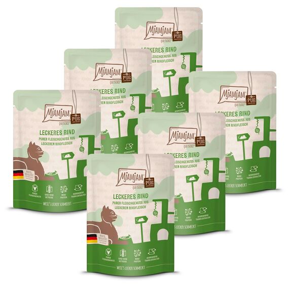 MjAMjAM - Premium Nassfutter für Katzen - Quetschie Purer Fleischgenuss - leckeres Rind pur 300g, 6er Pack (6 x 300g), naturbelassen mit extra viel Fleisch