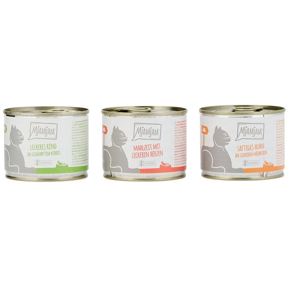 MjAMjAM - Premium Nassfutter für Katzen - Mixpaket I - Huhn, Rind, Herzen, 6er Pack (6 x 200 g), getreidefrei mit extra viel Fleisch