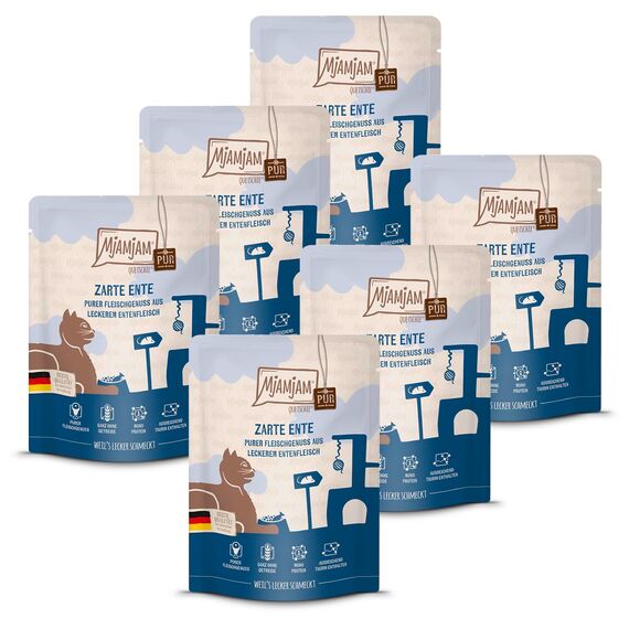 MjAMjAM - Premium Nassfutter für Katzen - Quetschie - purer Fleischgenuss - zarte Ente pur, 6er Pack (6 x 300 g), getreidefrei mit extra viel Fleisch