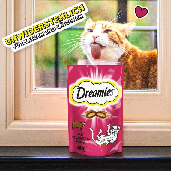 DREAMIES Katzensnacks - 6x60g - mit Rind - Traumhaft knusprige Katzen Leckerlies mit zarter Füllung