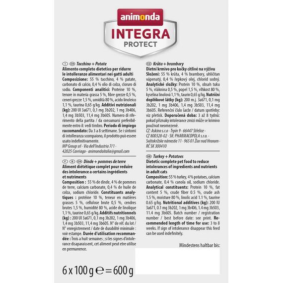 animonda INTEGRA PROTECT Katzenfutter nass Sensitive Pute + Kartoffel (6 x 100g), vom Tierarzt empfohlen bei Futtermittelallergie, mit Veterinären entwickeltes Diätalleinfutter für Katzen