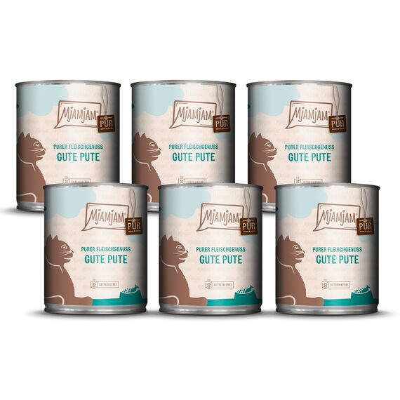 MjAMjAM - Premium Nassfutter für Katzen - purer Fleischgenuss - gute Pute pur, 6er Pack (6 x 800 g), getreidefrei mit extra viel Fleisch