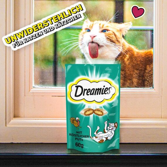 DREAMIES Katzensnacks - 6x60g - mit Pute - Traumhaft knusprige Katzen Leckerlies mit zarter Füllung