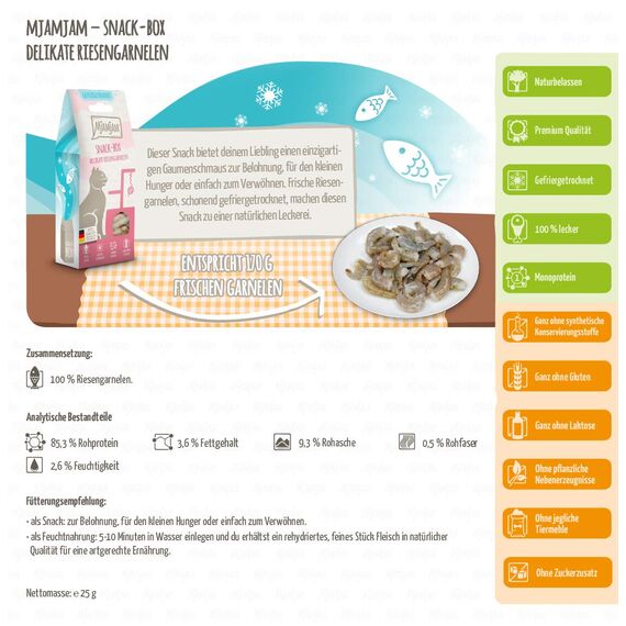 MjAMjAM - Premium Katzensnack - Snackbox - delikate Riesengarnelen, 5er Pack (5 x 25 g), naturbelassen ganz ohne synthetische Konservierungsstoffe