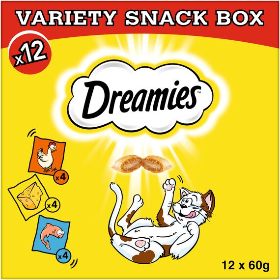DREAMIES Katzensnacks - 12x60g - mit Huhn, Käse und Lachs - Traumhaft knusprige Katzen Leckerlies mit zarter Füllung - Variety Snack Box