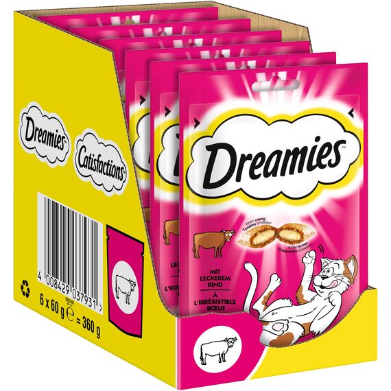 DREAMIES Katzensnacks - 6x60g - mit Rind - Traumhaft knusprige Katzen Leckerlies mit zarter Füllung