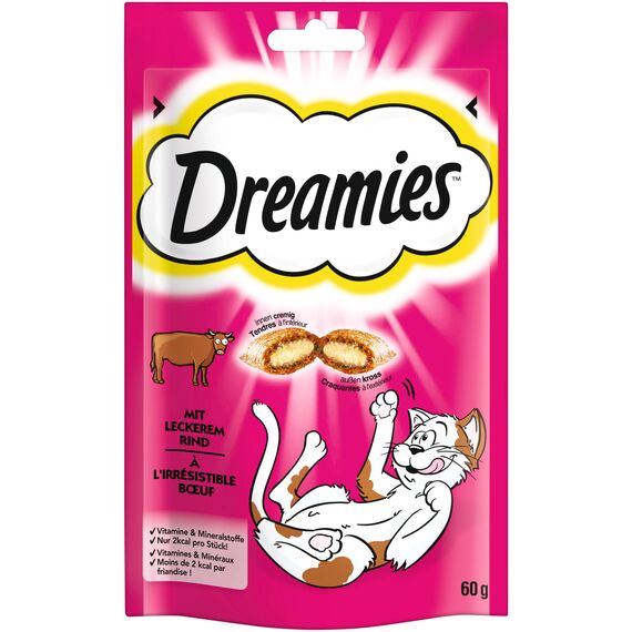 DREAMIES Katzensnacks - 6x60g - mit Rind - Traumhaft knusprige Katzen Leckerlies mit zarter Füllung