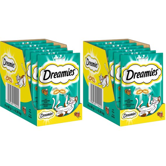 DREAMIES Katzensnacks - 6x60g - mit Pute - Traumhaft knusprige Katzen Leckerlies mit zarter Füllung (Packung mit 2)