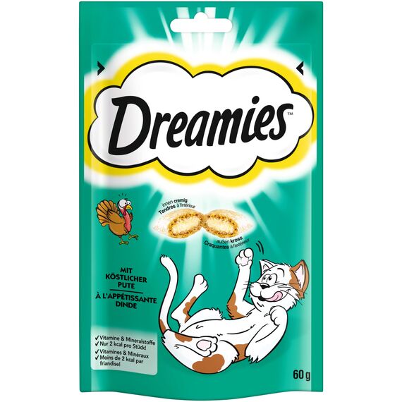 DREAMIES Katzensnacks - 6x60g - mit Pute - Traumhaft knusprige Katzen Leckerlies mit zarter Füllung