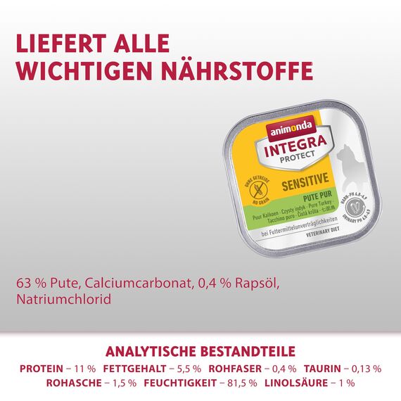 animonda INTEGRA PROTECT Sensitive Pute Pur (16 x 100 g), Katzen Diätfutter bei Futtermittelallergie, sensitives Katzenfutter für allergische Katzen, Katzennassfutter ohne Getreide