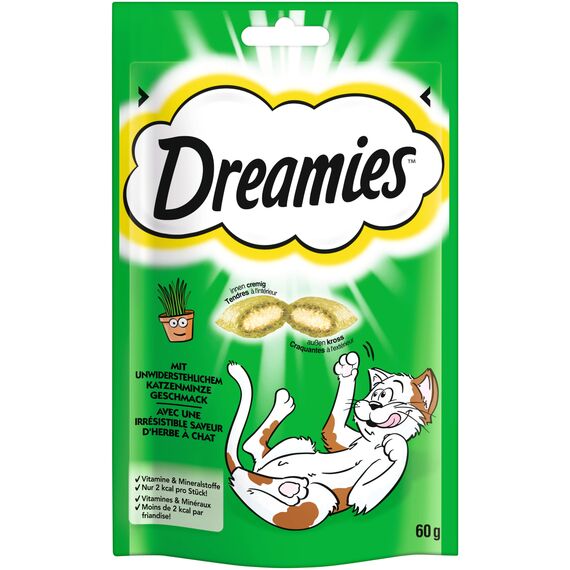 DREAMIES Katzensnacks - 6x60g - mit Katzenminze - Traumhaft knusprige Katzen Leckerlies mit zarter Füllung