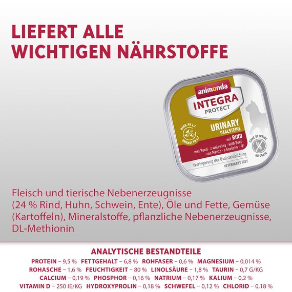 animonda INTEGRA PROTECT Urinary Oxal mit Rind (6 x 100 g), Katzen Diätfutter bei Harnsteinen, Katzenfutter verringert die Bildung von Oxalsteinen, Nassfutter für Katzen ohne Getreide