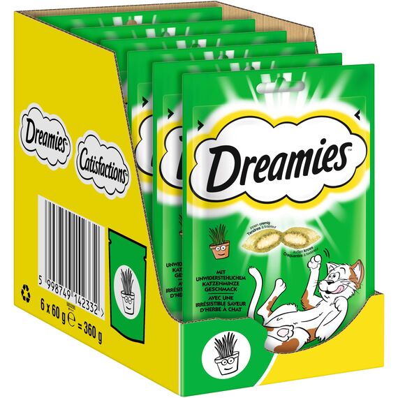 DREAMIES Katzensnacks - 6x60g - mit Katzenminze - Traumhaft knusprige Katzen Leckerlies mit zarter Füllung