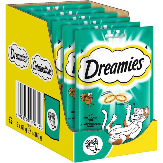 DREAMIES Katzensnacks - 6x60g - mit Pute - Traumhaft knusprige Katzen Leckerlies mit zarter Füllung