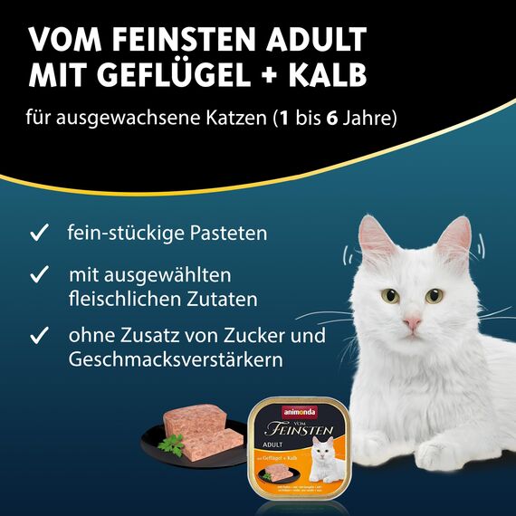animonda Vom Feinsten Adult mit Geflügel + Kalb (32 x 100 g), Nassfutter für ausgewachsene Katzen, Katzenfutter ohne Getreide und Zucker, mit 100 % frischen, fleischlichen Zutaten
