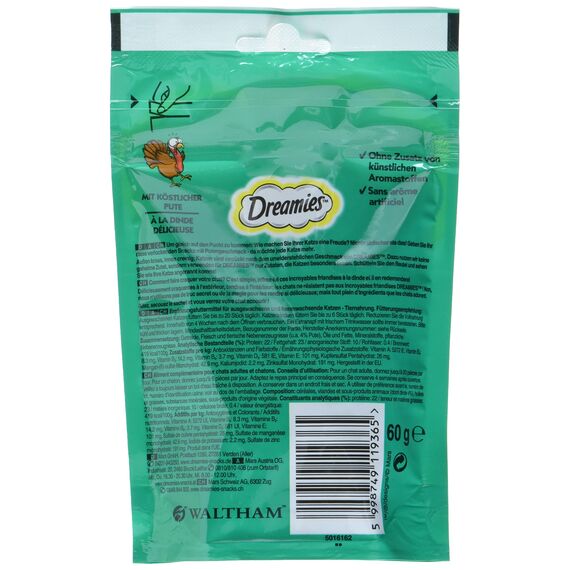 DREAMIES Katzensnacks - 6x60g - mit Pute - Traumhaft knusprige Katzen Leckerlies mit zarter Füllung (Packung mit 2)