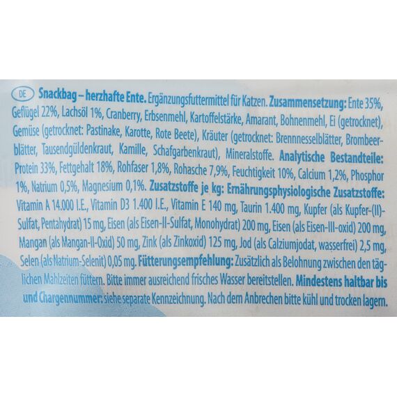 MjAMjAM - Premium Katzensnack - Snackbag - herzhafte Ente, 2er Pack (1 x 125 g), naturbelassen ganz ohne synthetische Konservierungsstoffe