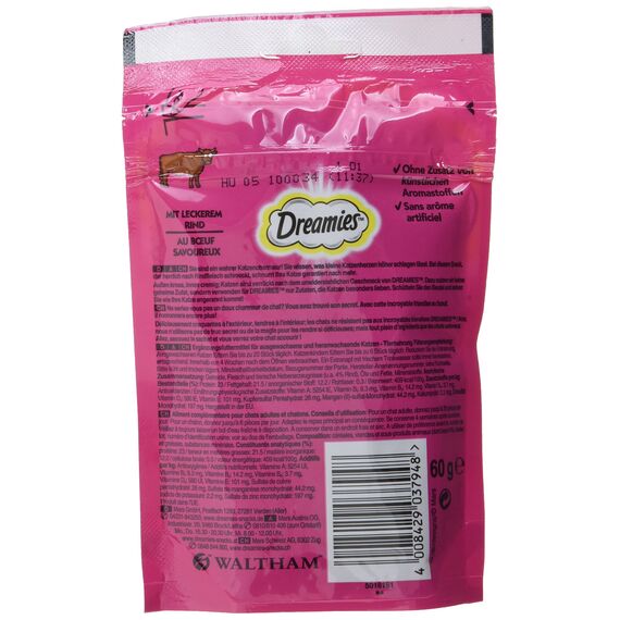 Dreamies Klassiker Katzensnacks mit Rind – Traumhaft knusprige Taschen mit zarter Füllung – 6 x 60g (Packung mit 2)