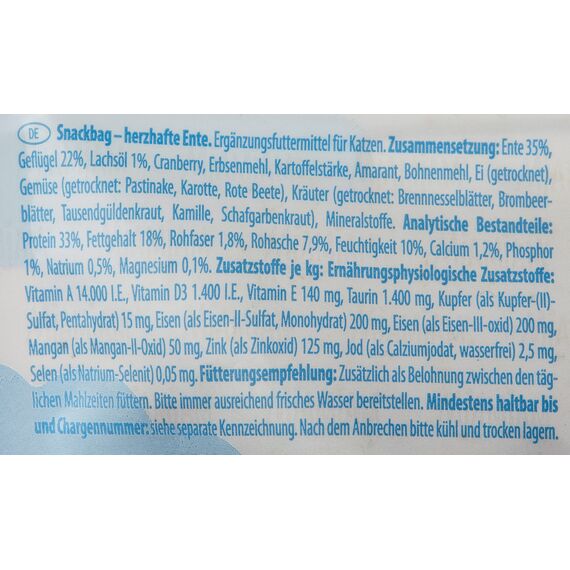 MjAMjAM - Premium Katzensnack - Snackbag - herzhafte Ente, 2er Pack (1 x 125 g), naturbelassen ganz ohne synthetische Konservierungsstoffe