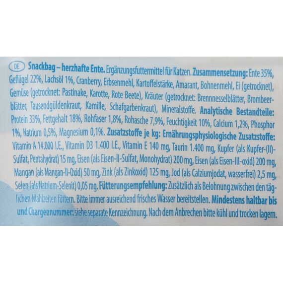 MjAMjAM - Premium Katzensnack - Snackbag - herzhafte Ente, 1er Pack (1 x 125 g), naturbelassen ganz ohne synthetische Konservierungsstoffe