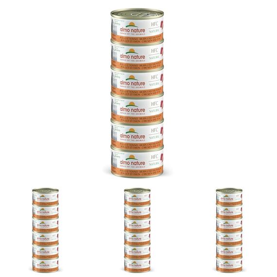 Almo Nature HFC Natural Megapack, Nassfutter für Katzen - Huhn und Thunfisch - (6 Dosen à 70 g) (Packung mit 4)